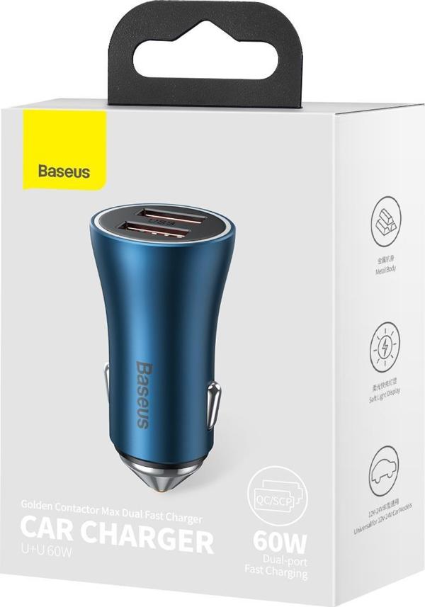 Baseus Φορτιστής Αυτοκινήτου Baseus Golden Contactor Max, 2x USB, 60W (μπλε)