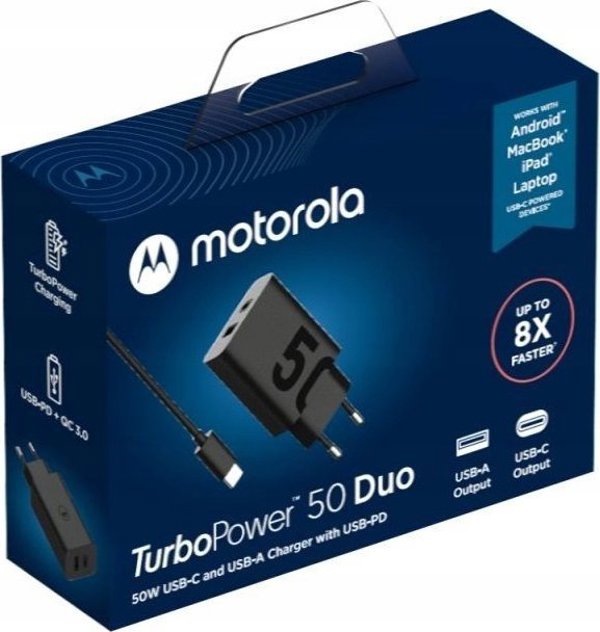 Φορτιστής Motorola Motorola Charger TurboPower 50W Duo USB-C + USB-A με καλώδιο USB-C, Μαύρο