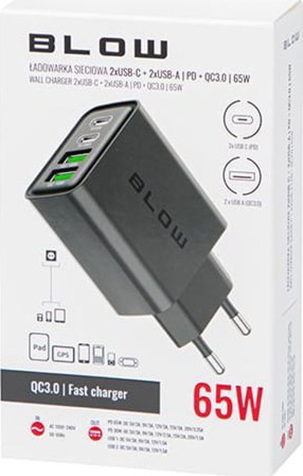 Ladowarka Blow 76-023# Ladowarka sieciowa gniazdo usbx2 + usb-c qc+pd 65w