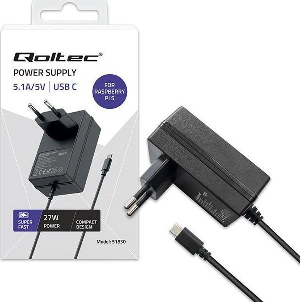 Qoltec Φορτιστής Super Fast PD για Raspberry Pi 5, USB-C, 27W, 5-12V, 1.8-5A, Μαύρος