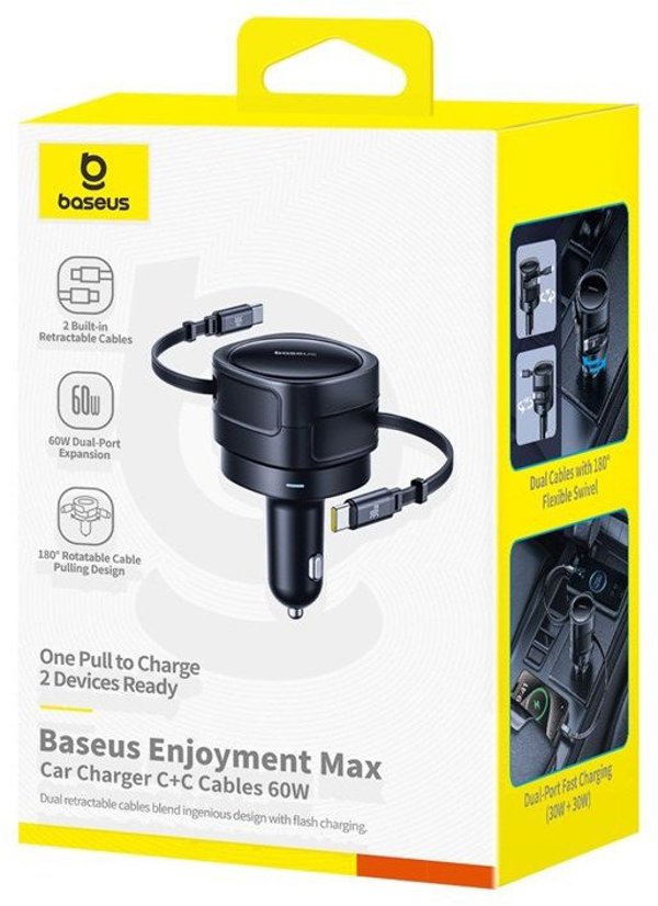 Φορτιστής αυτοκινήτου Baseus Enjoyment Max με καλώδια USB-C+USB-C 60W Μαύρο