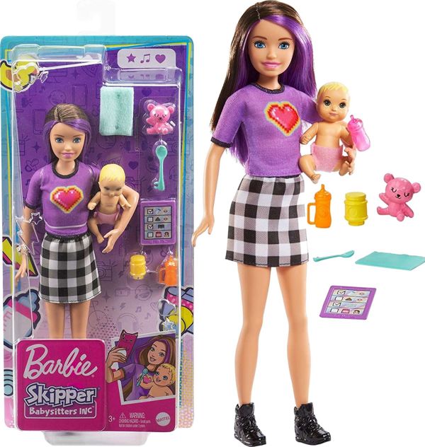 Κούκλα Barbie MATTEL Skipper: Κλαμπ φροντιστών - Φροντίστρια με μοβ μαλλιά + μωρό (GRP10/GRP11)