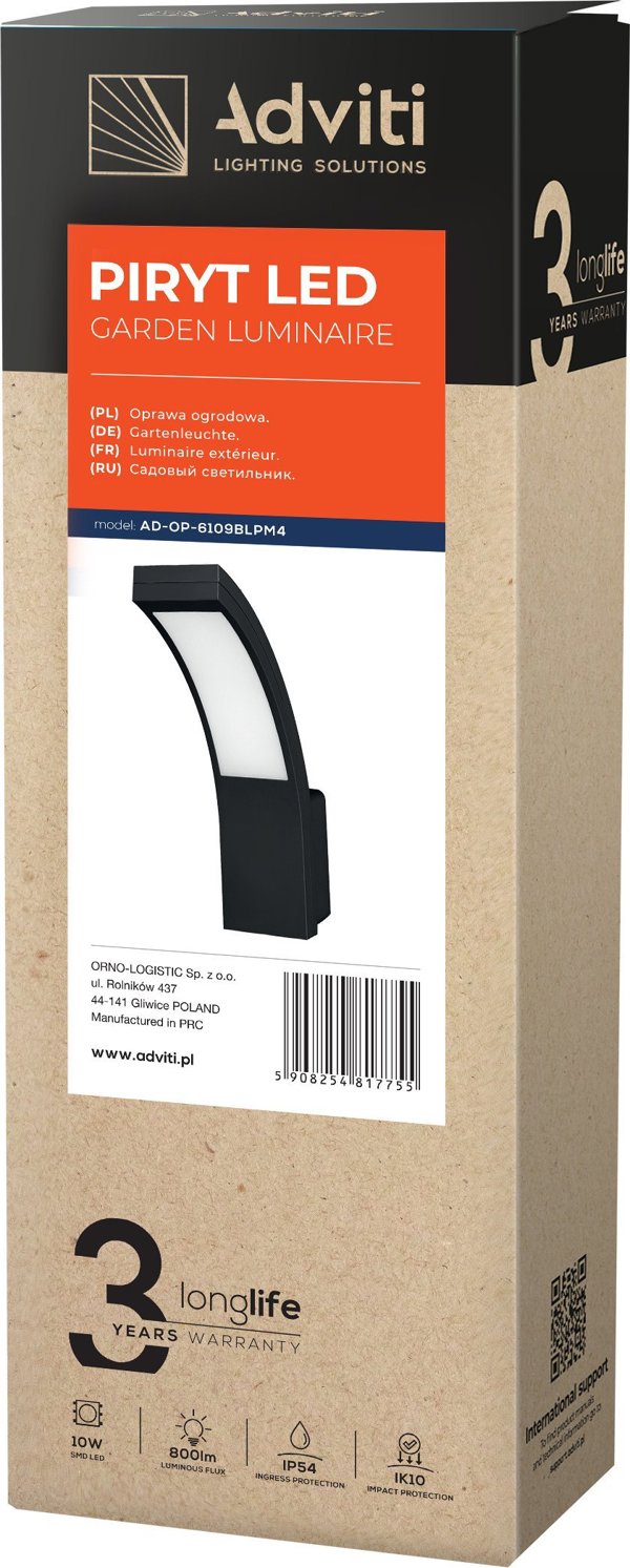 Κρεμαστό φωτιστικό Orno PIRYT LED 10W, φωτιστικό κήπου 800lm, IP54, 4000K, μαύρο