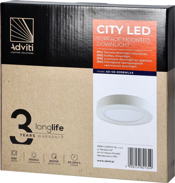 Φωτιστικό οροφής Orno CITY LED 18W, φωτιστικό downlight, επιφανειακής τοποθέτησης, στρογγυλό, 1600lm, 4000K, λευκό, ενσωματωμένος μετασχηματιστής LED