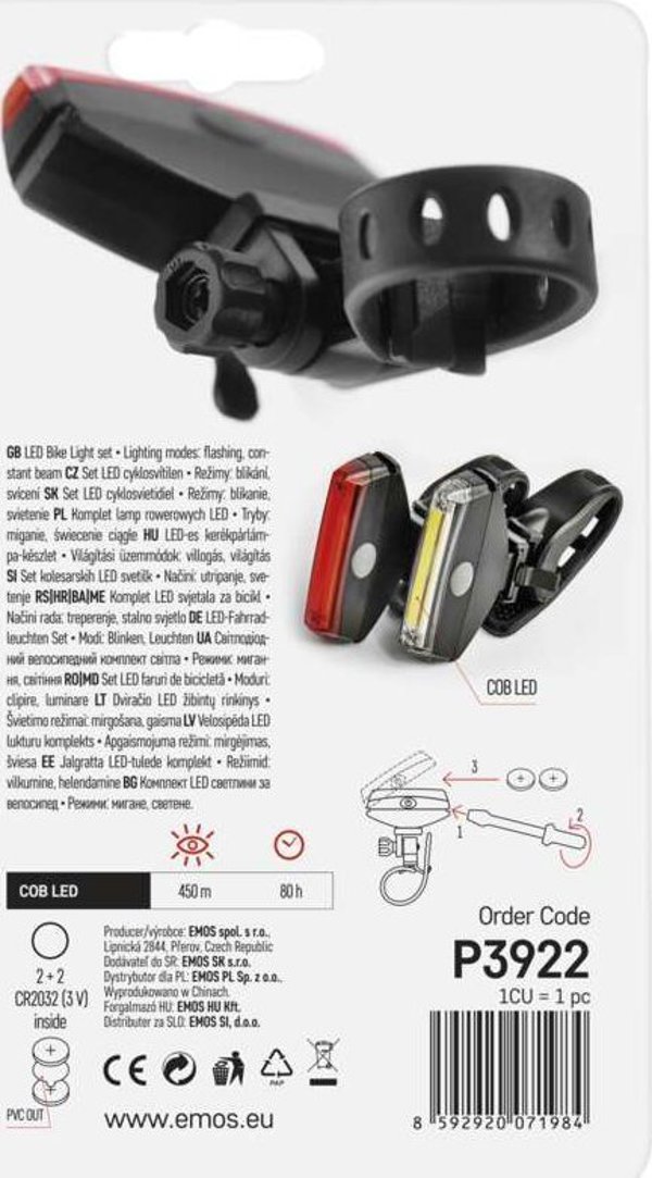 Φωτιστικό Ποδηλάτου Led Cob, Σετ Μπροστά + Πίσω, 22 Lm 2X Cr2033 Emos Emos