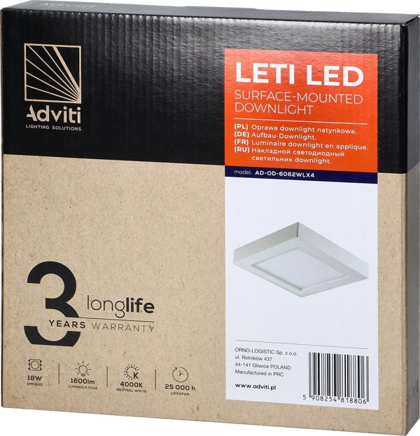 Φωτιστικό οροφής Orno LETI LED 18W, φωτιστικό downlight, επιφανειακής τοποθέτησης, τετράγωνο, 1600lm, 4000K, λευκό, ενσωματωμένος μετασχηματιστής LED