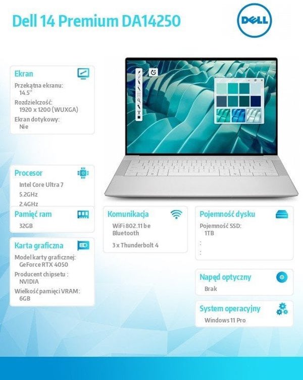 Laptop Dell 14 Premium DA14250 Win11Pro U7-255HX|32GB|1TB SSD|Nvidia RTX 4050 |WLAN + BT|14.5 FHD|Backlit Kb|6 Cell|100W Dell