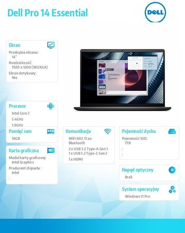 Laptop Dell Pro 14 Essential PV14250 W11P C7-150U|16GB|1TB|Intel Graph|FgrPr|WLAN+BT|14.0 FHD+|BcklKb|4C|65W|3YPS Carbon Black ( Dell