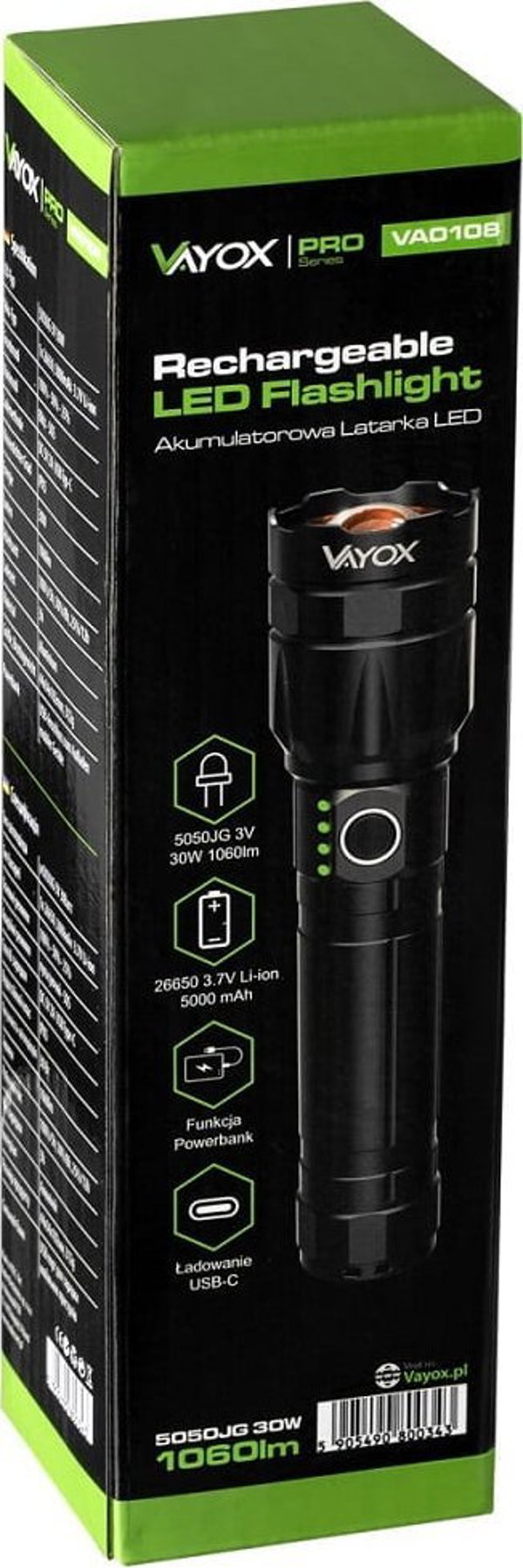 Latarka Vayox Latarka taktyczna 30W 1060lm 18cm Pro Series VA0108 Vayox