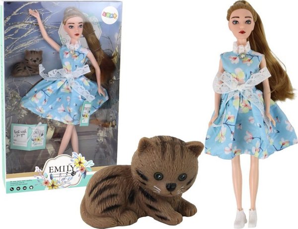LeanToys Κούκλα Emily Με Μακριά Μαλλιά, Μπλε Φόρεμα Και Γατάκι, 3+ Ετών