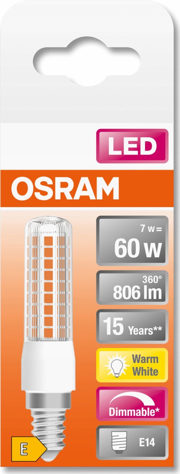Λάμπα LEDVANCE LED λεπτή E14 827, ρυθμιζόμενη LEDTSLIM60DC7W827E14