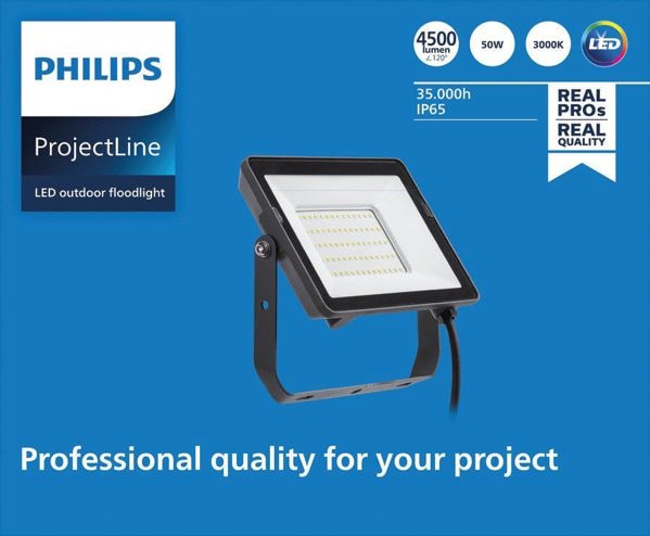 LED spotlight PHILIPS, IP65, 50W, 3000 K, 4500 lm, black, 22.3 x 3.1 x 18.3 cm