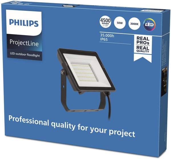 LED spotlight PHILIPS, IP65, 50W, 3000 K, 4500 lm, black, 22.3 x 3.1 x 18.3 cm