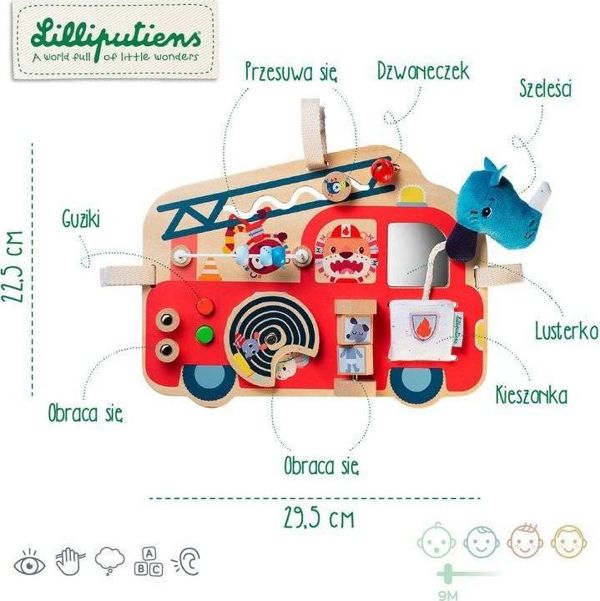 Lilliputiens Ξύλινη Πίνακας Δραστηριοτήτων Πυροσβεστικό Όχημα Ρινόκερος Marius 9+m