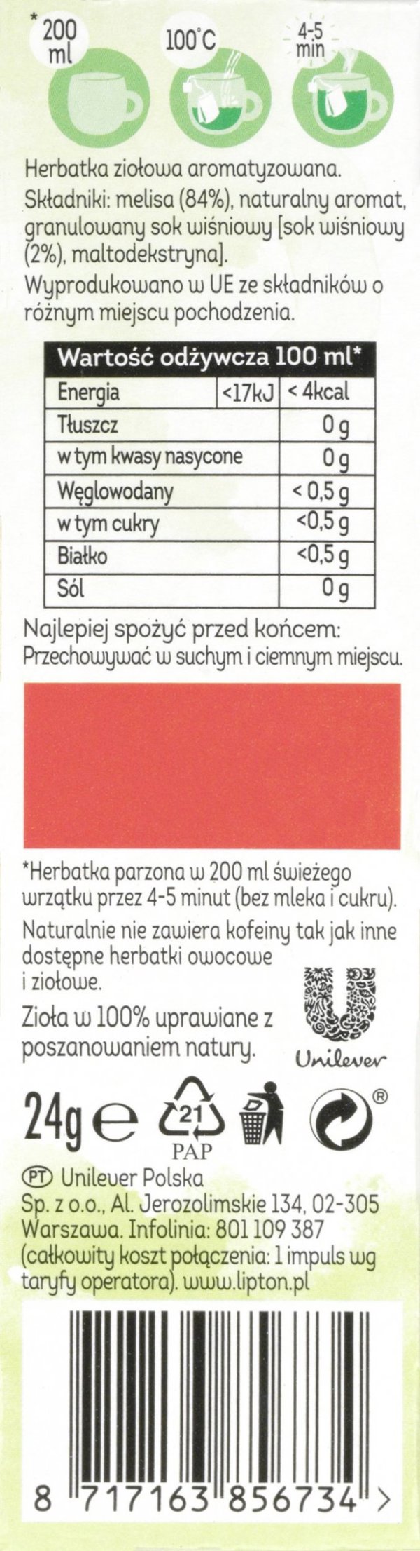 Lipton Τσάι LIPTON, 20 φακελάκια, βοτανικό με μελισσόχορτο και κεράσι