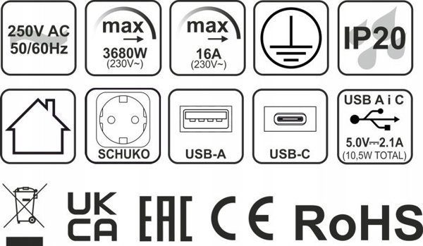 Πολύπριζο Design Light EXT CORD 2PL+USB A+C 3M BLACK