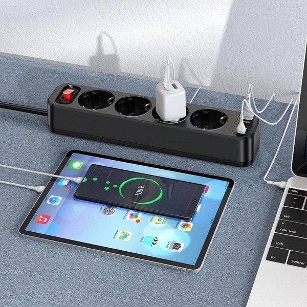 Πολύπριζο Hoco HOCO πολύπριζο 4 υποδοχές + 2 x USB A + Τύπος C PD QC3.0 3A 20W NS1 1,8 m μαύρο