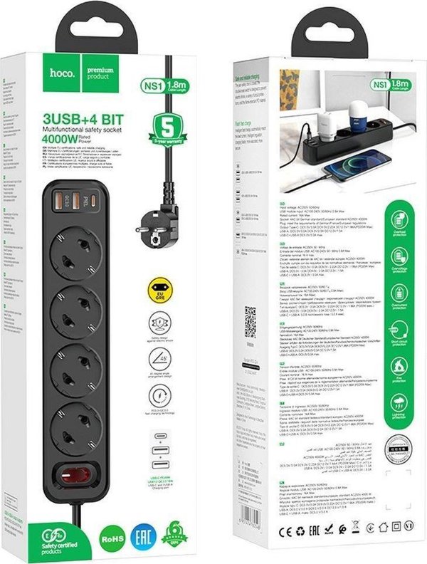 Πολύπριζο Hoco HOCO πολύπριζο 4 υποδοχές + 2 x USB A + Τύπος C PD QC3.0 3A 20W NS1 1,8 m μαύρο
