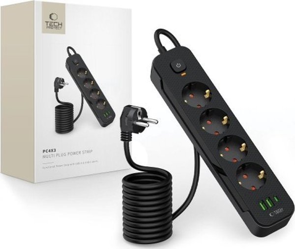Tech-Protect Πολύπριζο PCL4X3 με 4 Πρίζες, 2 USB & 1 Type-C, Καλώδιο 200cm, Μαύρο