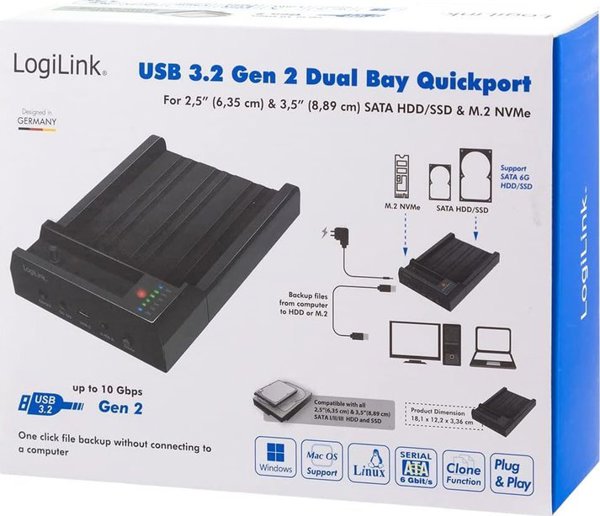 LogiLink USB 3.2 Gen 2 Quickport, 2-Bay, for 2,5/3,5 SATA HDD/SSD & M.2 NVMe