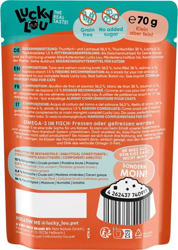 Lucky Lou Lucky Lou Extrafood Τόνος & σολομός σε ζωμό φακελάκι 70g