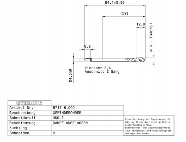 Βρύση μηχανής για τυφλές οπές GUHRING HSS-E 5717 M6x1