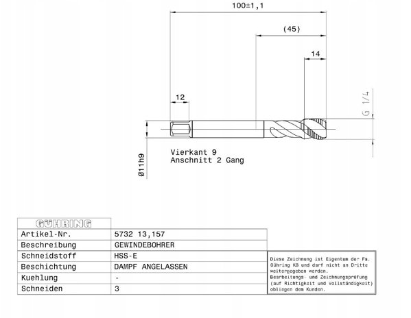 Βρύση μηχανής για τυφλές οπές GUHRING HSS-E 5732 G1/4 - 19 στροφές