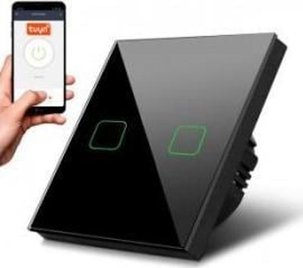 Διακόπτης αφής φωτός Maclean MCE717B διπλός, SMART, Tuya APP, γυάλινος, μαύρος με τετράγωνο φωτισμό κουμπιού, 86x86mm