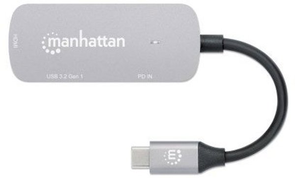 Manhattan USB-C 3-in-1 Μετατροπέας, HDMI 4K, USB-A 3.2, USB-C PD 100W, Αλουμίνιο Γκρι