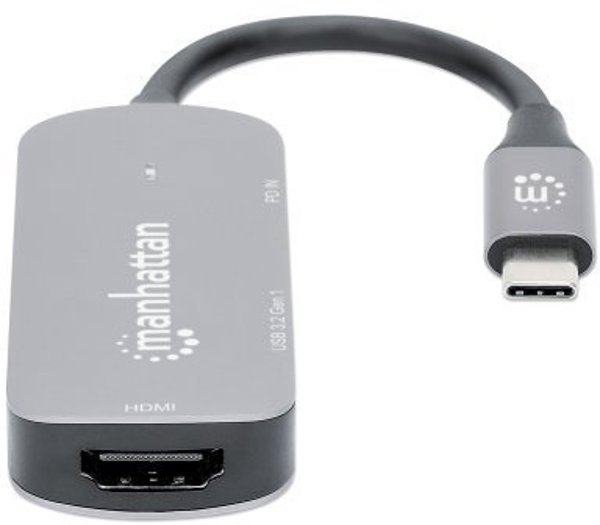 Manhattan USB-C 3-in-1 Μετατροπέας, HDMI 4K, USB-A 3.2, USB-C PD 100W, Αλουμίνιο Γκρι