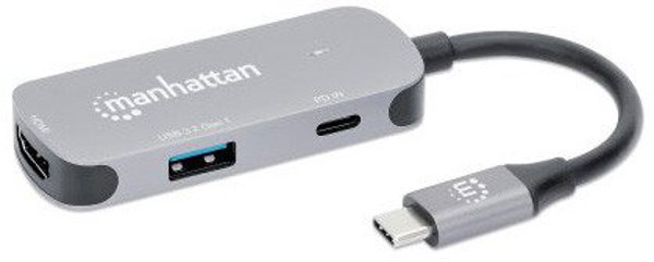 Manhattan USB-C 3-in-1 Μετατροπέας, HDMI 4K, USB-A 3.2, USB-C PD 100W, Αλουμίνιο Γκρι