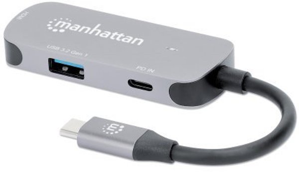 Manhattan USB-C 3-in-1 Μετατροπέας, HDMI 4K, USB-A 3.2, USB-C PD 100W, Αλουμίνιο Γκρι