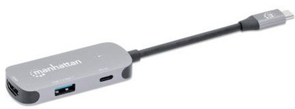 Manhattan USB-C 3-in-1 Μετατροπέας, HDMI 4K, USB-A 3.2, USB-C PD 100W, Αλουμίνιο Γκρι