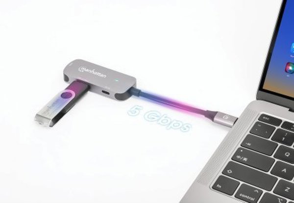 Manhattan USB-C 3-in-1 Μετατροπέας, HDMI 4K, USB-A 3.2, USB-C PD 100W, Αλουμίνιο Γκρι