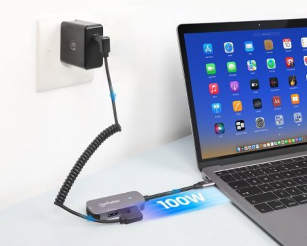 Manhattan USB-C 3-in-1 Μετατροπέας, HDMI 4K, USB-A 3.2, USB-C PD 100W, Αλουμίνιο Γκρι