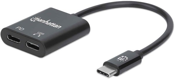 Προσαρμογέας ήχου MANHATTAN USB-C με θύρα φόρτισης Power Delivery USB-C αρσενικό σε θύρα ήχου USB-C και θύρα Power Delivery USB-C μαύρο