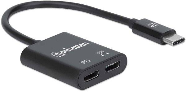 Προσαρμογέας ήχου MANHATTAN USB-C με θύρα φόρτισης Power Delivery USB-C αρσενικό σε θύρα ήχου USB-C και θύρα Power Delivery USB-C μαύρο