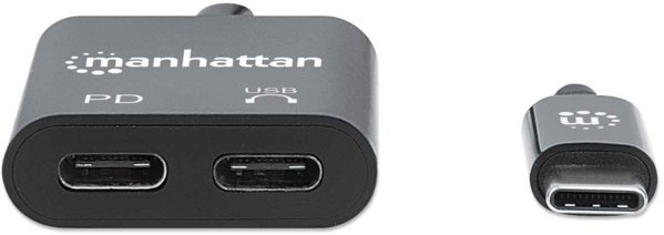 Προσαρμογέας ήχου MANHATTAN USB-C με θύρα φόρτισης Power Delivery USB-C αρσενικό σε θύρα ήχου USB-C και θύρα Power Delivery USB-C μαύρο