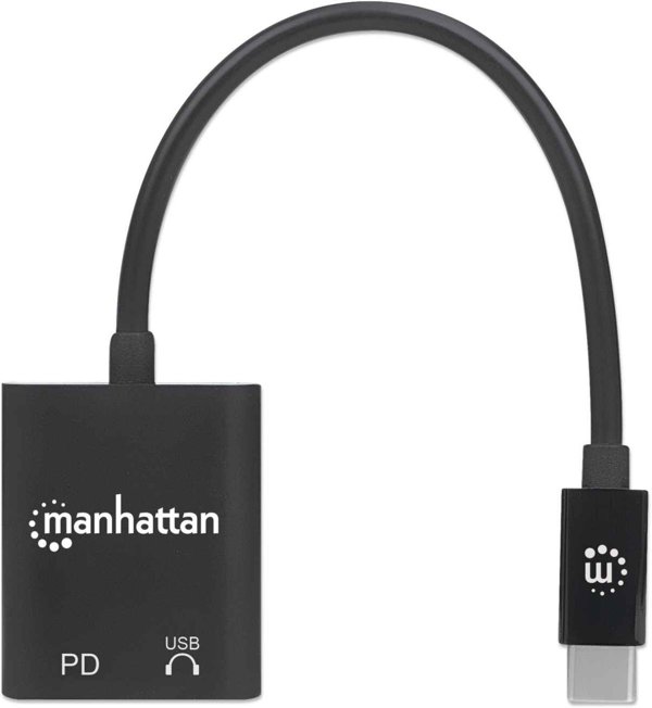 Προσαρμογέας ήχου MANHATTAN USB-C με θύρα φόρτισης Power Delivery USB-C αρσενικό σε θύρα ήχου USB-C και θύρα Power Delivery USB-C μαύρο