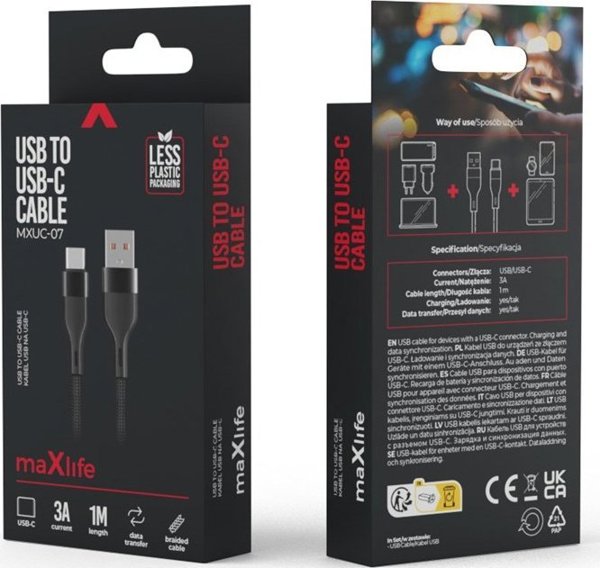 Καλώδιο USB MaxLife Maxlife καλώδιο MXUC-07 USB - USB-C 1,0 m 3A μαύρο νάιλον πρότυπο