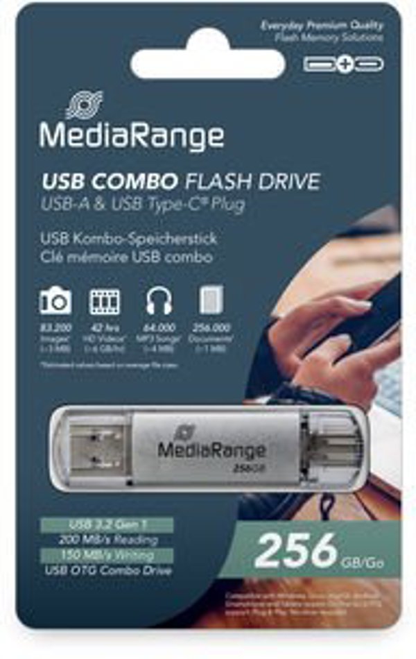 MediaRange MR939-1 USB Flash Μνήμη 256 GB USB Type-A / USB Type-C 3.2 Gen 1, Ασημί