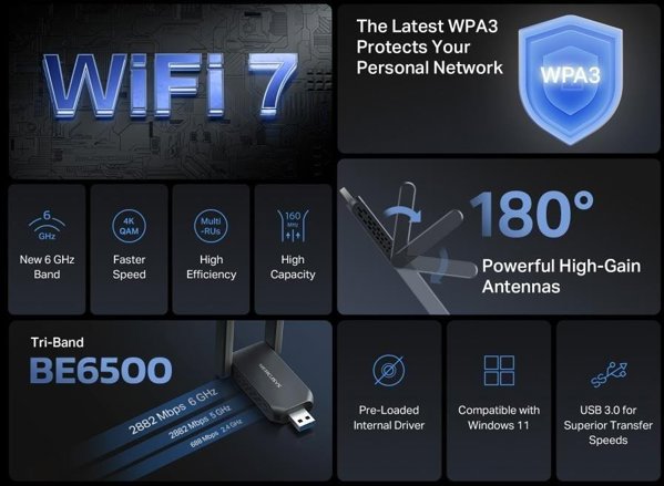 MERCUSYS MA37BEH WiFi7 USB adapter (AC1300,2,4GHz/5GHz/6GHz,USB3.0)