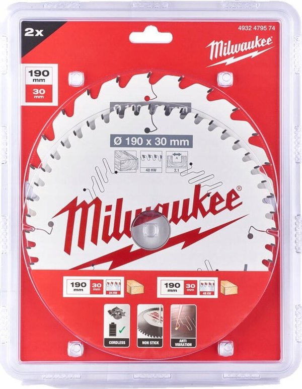 Δίσκος κοπής Milwaukee 190x30mm, 24 δόντια, 48 δόντια. Milwaukee (για εργαλείο μπαταρίας) (4932471300, 4932471380) 2 τεμάχια.