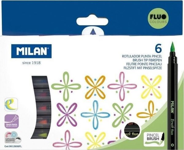 Milan Μαρκαδόροι με Άκρη Πινέλου, 6 Χρώματα Fluo, Ανθεκτική Μύτη Νάιλον για Καλλιγραφία & Ζωγραφική, 0,5 mm - 6 mm