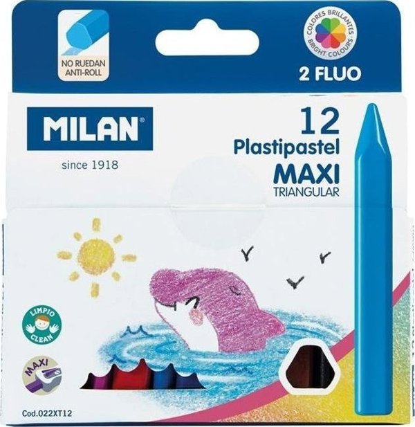 Milan Κηρομπογιές Plastipastel Maxi 12 Χρώματα, Τριγωνικές, Μη Τοξικές