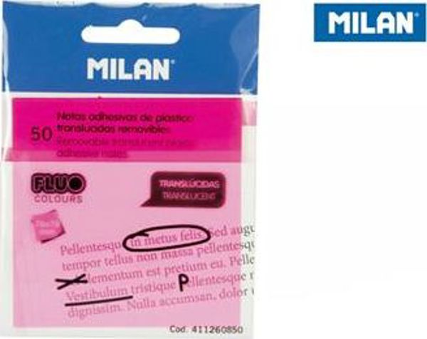 Milan Αυτοκόλλητα Σημειωματάρια FLUO Διαφανή Ροζ 76x76mm, 50 Τεμάχια