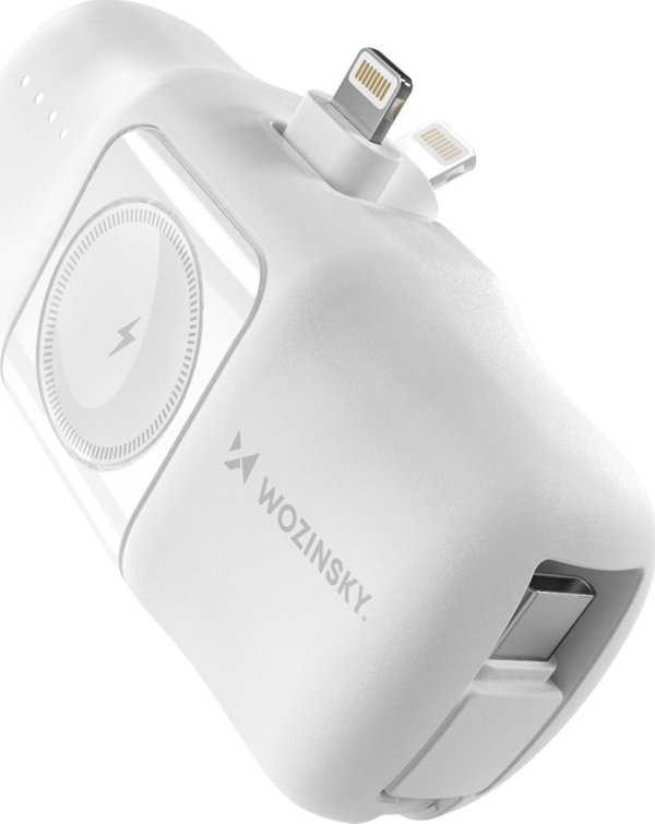 Μίνι powerbank Wozinsky WF16-YLS 5000mAh 15W Lightning με ενσωματωμένο καλώδιο USB-C και φορτιστή για Apple Watch - λευκό