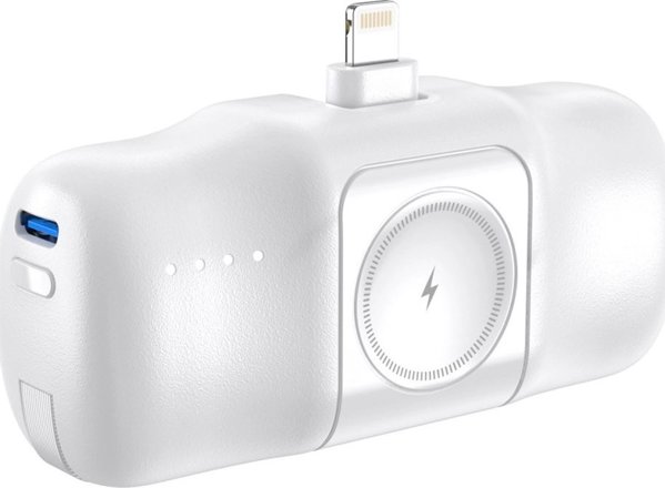 Μίνι powerbank Wozinsky WF16-YLS 5000mAh 15W Lightning με ενσωματωμένο καλώδιο USB-C και φορτιστή για Apple Watch - λευκό