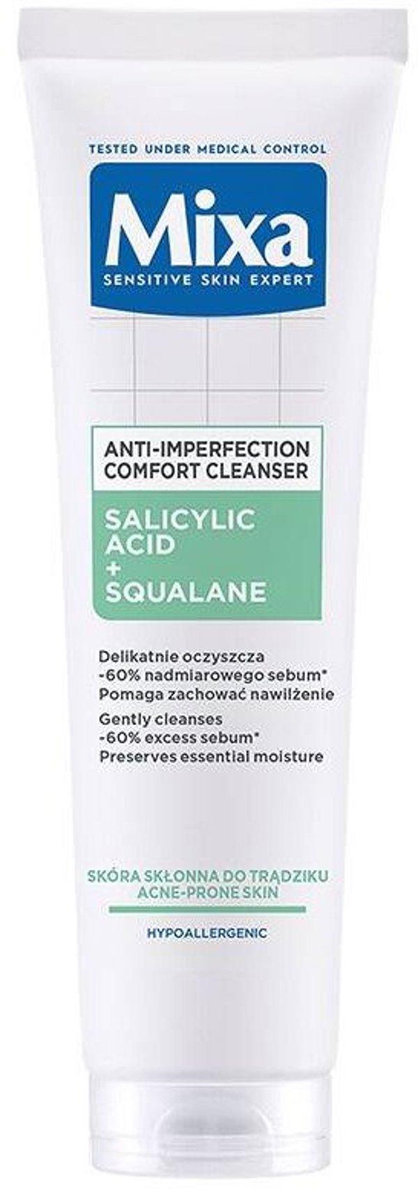 Καθαριστικό προσώπου Mixa Comfort Cleanser κατά των ατελειών Σαλικυλικό οξύ + Σκουαλάνιο 150ml