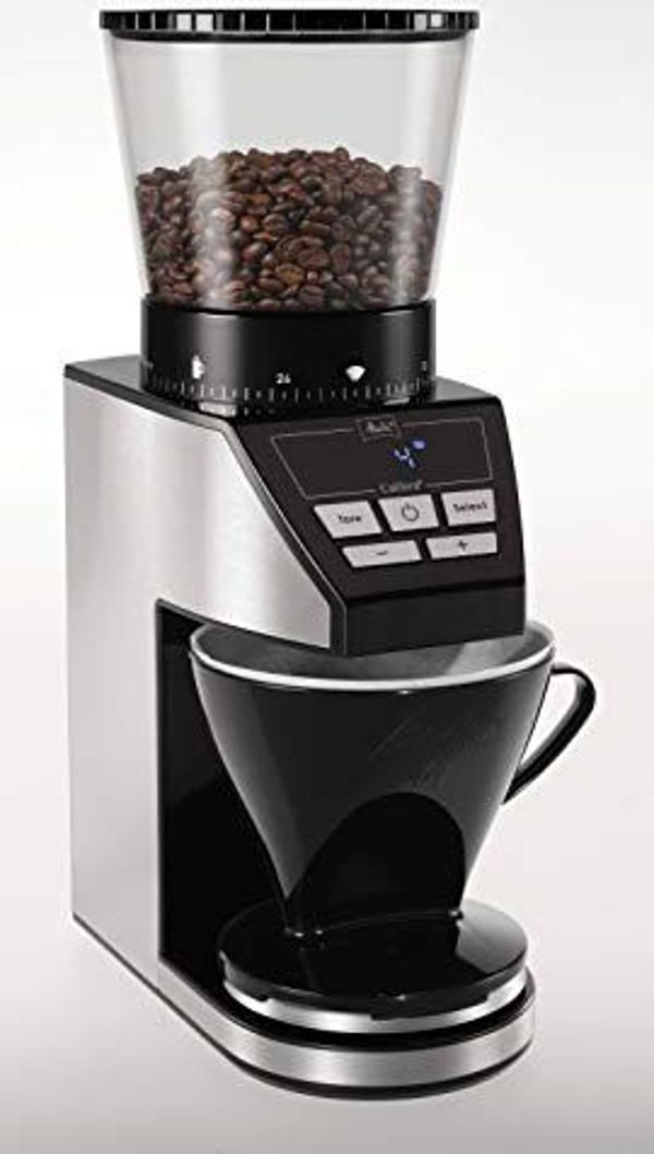 Ηλεκτρικός μύλος καφέ Melitta Melitta 1027-01 SST BK με κωνικό μύλο και οθόνη LCD, καθώς και ενσωματωμένη ζυγαριά, 39 ρυθμίσεις άλεσης, χωρητικότητα: 375 g, 160, μαύρο / ανοξείδωτο ατσάλι